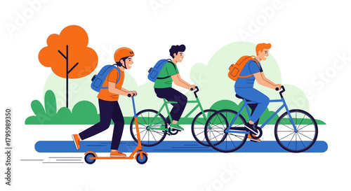 Three young friends enjoying an active day outdoors, one on a scooter and two riding bicycles in a park.