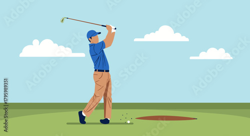 A golfer in mid-swing on a green course with a blue sky and white clouds.