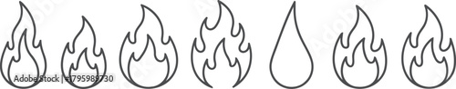 Flame and water drop simple outline icons isolated on transparent background, Vector, illustration