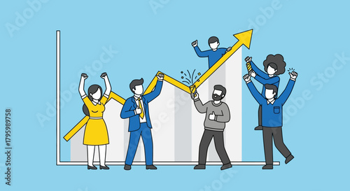 A diverse team of colleagues works together to push a rising arrow graph upwards, symbolizing business growth and success.