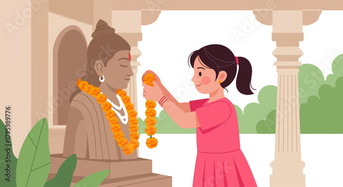 A young girl places a garland around a statue, likely a religious or cultural practice.