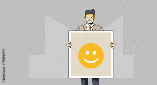 A man in a suit holding a square sign with a yellow smiley face on it.