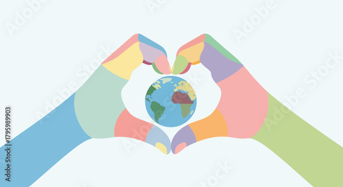 Hands forming a heart shape around a globe, symbolizing global unity and environmental care.