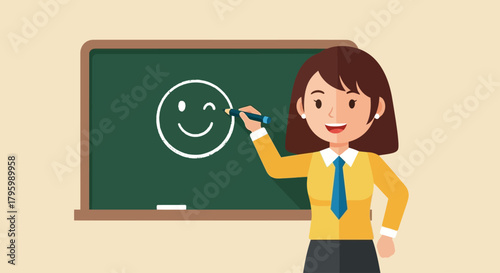 A smiling teacher draws a smiley face on a green chalkboard with a chalk.