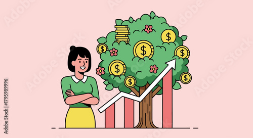A woman stands confidently beside a money tree with a growing graph, representing financial growth.