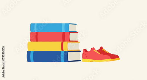 Stack of books next to a pair of red sneakers.