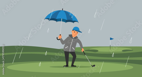 A golfer stands on a green course holding a blue umbrella during a heavy rain shower.
