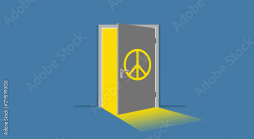 Ajar door with a peace symbol, casting a yellow light onto a blue surface.