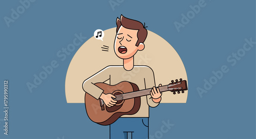 Illustration of a man singing and playing an acoustic guitar with a musical note above his head.