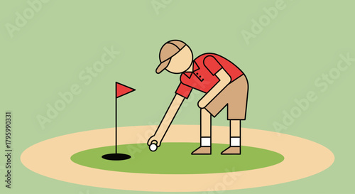 A cartoon illustration of a golfer in a red shirt picking up a golf ball from the green near the hole.
