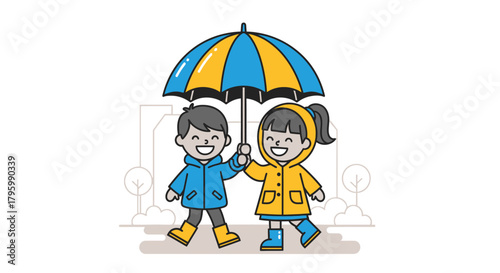A happy boy and girl in raincoats share a large umbrella while walking together.