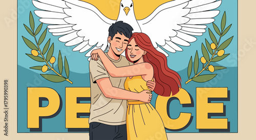 A couple embraces in front of a dove, olive branches, and the word PEACE, symbolizing unity.