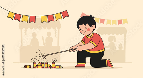 Boy lights firecrackers at a fair with stalls and festive bunting.