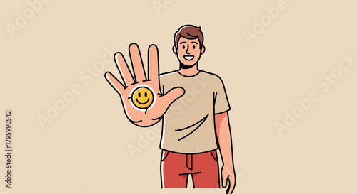 A smiling man holding up his hand with a smiley face drawn on it.