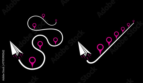 Paper airplane location pin markers, line with curve, straight line vector design on black. Simple, complex difficult complicated business process solution. Gps map markers vector with origami plane. 