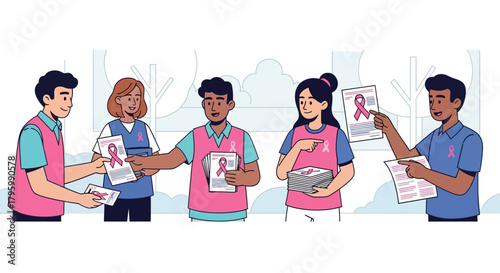 People volunteering to distribute breast cancer awareness flyers in a public outdoor setting.