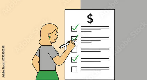 Woman checking off items on a financial checklist with a dollar sign.