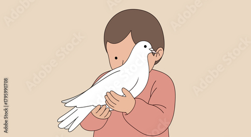 A young child gently holding a white dove in their arms.