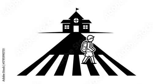 Illustration of a child crossing a crosswalk towards a school building.