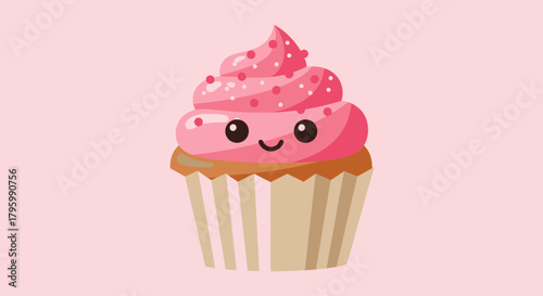 A cute cupcake with pink frosting and a smiling face.