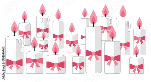 A collection of white candles with pink ribbons and flames, arranged in a festive display.