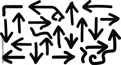Collection of hand drawn black arrows pointing in various directions on a white background