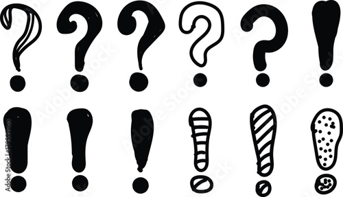 Collection of hand drawn question marks and exclamation points in various styles and textures