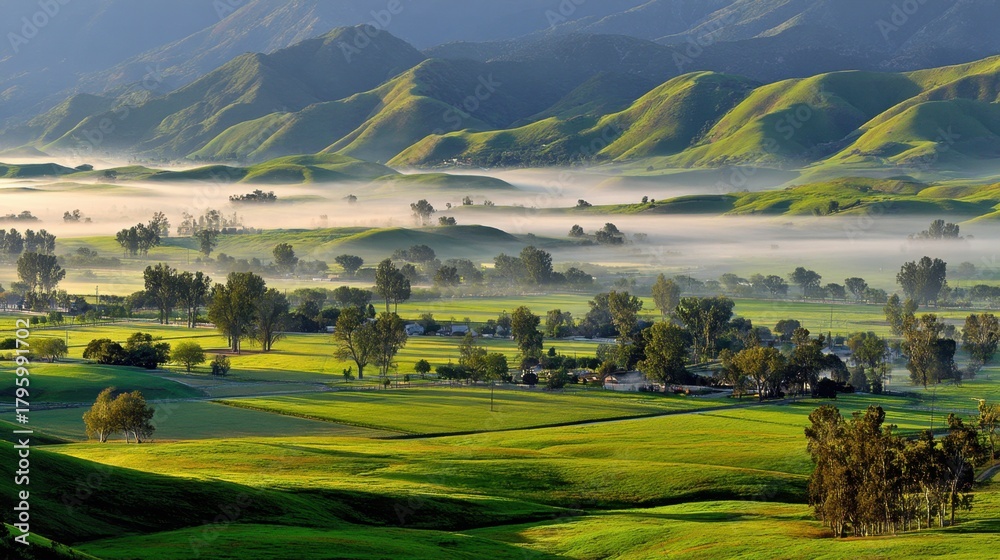 Obraz premium Lush Green Hills with Foggy Landscape in the Morning Light Near a Peaceful Village in the Countryside Surrounded by Majestic Mountains