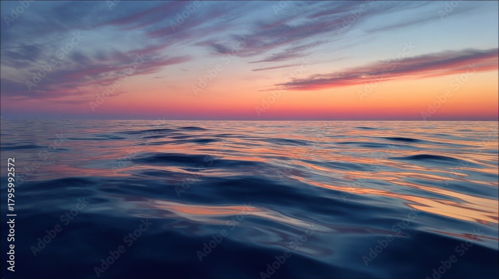 Fototapeta premium Serene Sunset Over Calm Ocean Waves with Vibrant Colors Reflecting on Tranquil Water Surface in Beautiful Twilight Sky Background