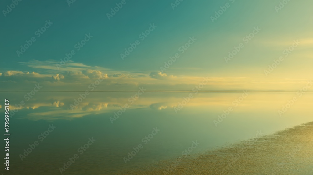 Fototapeta premium Tranquil Seascape Reflection at Sunrise with Soft Clouds and Calm Waters Creating a Serene and Peaceful Natural Environment