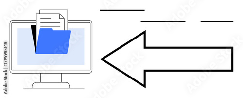 Desktop monitor displays blue folder and files moving toward a large directional arrow. Ideal for data transfer, file sharing, cloud storage, information exchange, organization, digital workflow