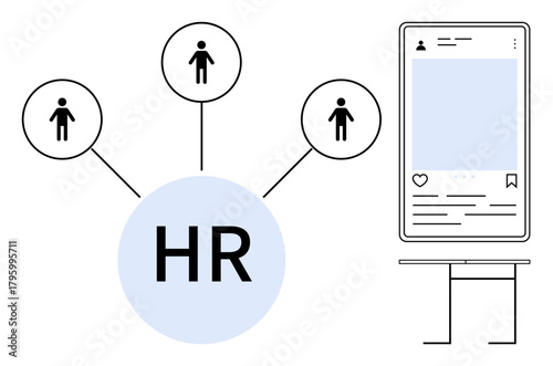 HR icon connected to individuals via lines, next to smartphone interface. Ideal for recruitment, networking, employee management, social media, hiring processes, people analytics, simple flat