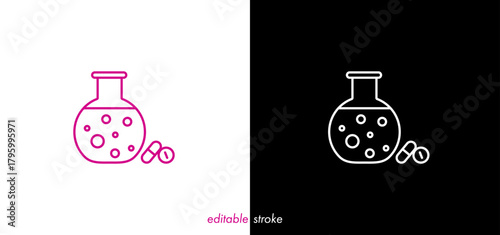 Editable stroke medicine box, medicines, drugs. Abstract line art medical lab flask, medicine bottle icon to use for health industry, cardiology, medical care, chemistry, resesearch, science project. 