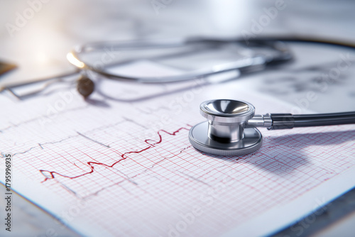 A stethoscope lies on a printed electrocardiogram. The setting indicates a medical examination room, suggesting a check-up or diagnostic procedure.