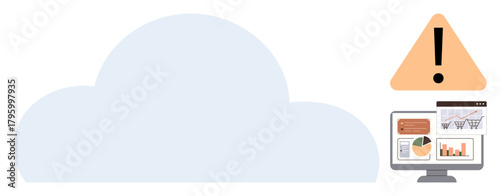 Cloud with triangular warning sign and monitor showing charts and graphs. Ideal for cybersecurity, data loss, internet issues, analytics, technology risks, cloud computing, simple flat metaphor