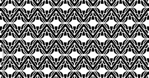 Black and white seamless pattern featuring layered geometric shapes with rhythmic symmetrical repetition.