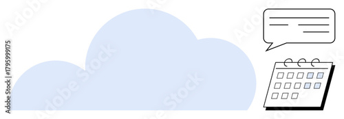 Cloud shape with floating speech bubble and calendar represents online scheduling, collaboration, digital communication, and planning. Ideal for time management, teamwork, reminders, productivity