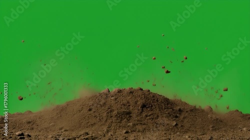 Explosion of dirt and debris against a green screen backdrop, simulating a controlled blast or impact event