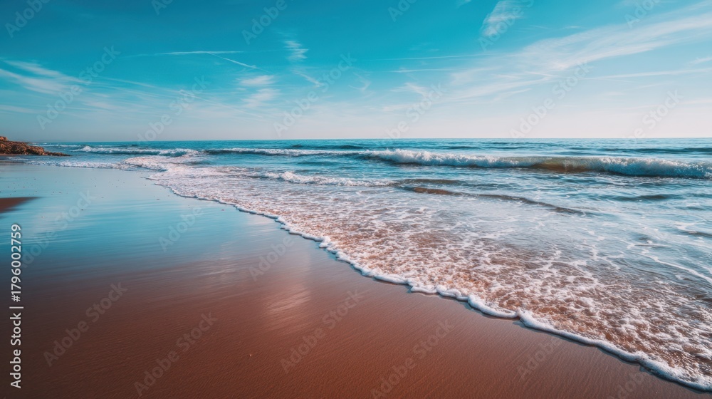 Fototapeta premium Serene Coastal Landscape with Gentle Waves Lapping on Sandy Shore Under Clear Blue Sky and Soft Fluffy Clouds at Sunset in a Tranquil Atmosphere