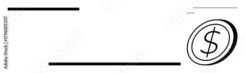 Black dollar coin tilted with precise horizontal lines. Ideal for finance, currency, savings, banking, minimalism, income, economy concepts. Clean and simple flat metaphor