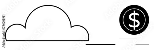 Cloud silhouette connected to a floating dollar coin. Ideal for finance, technology, cloud storage, savings, investment, digital banking, profit. Minimalistic black and white design as a simple flat