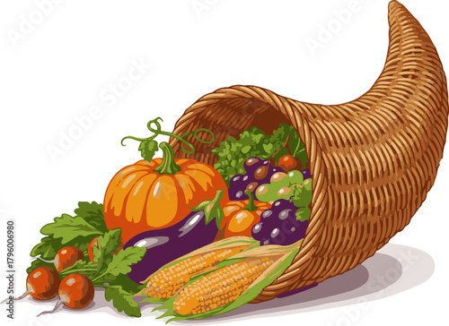 Realistic Cornucopia Harvest Vector Illustration
