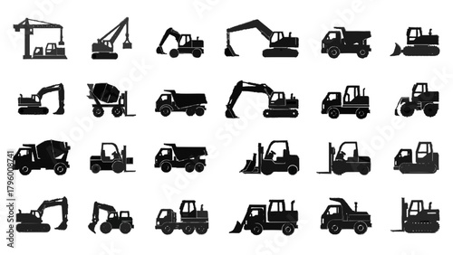 Vector illustration of collection of construction vehicle icons on a transparent background