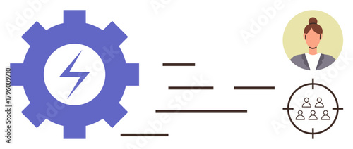 Gear with bolt indicating energy, connecting lines leading to a woman s profile and target audience. Ideal for teamwork, strategy, marketing, performance, leadership, communication, engagement