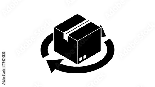 Vector illustration of black icon of a cardboard box with a circular arrow indicating rotation or return, on a transparent background