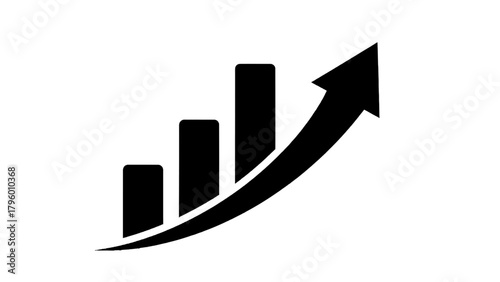 Vector illustration of black icon representing business growth with a bar chart and an upward trending arrow, on a transparent background