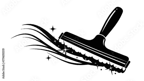 Vector illustration of black icon of a squeegee cleaning a surface with sparkling effects and wavy lines, on a transparent background