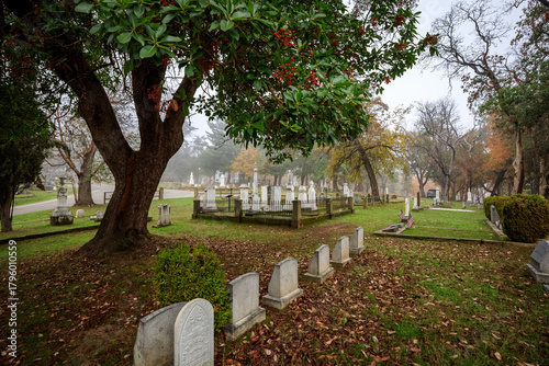 Somber Cemetery Scene on a Foggy Day in Jacksonville, Oregon