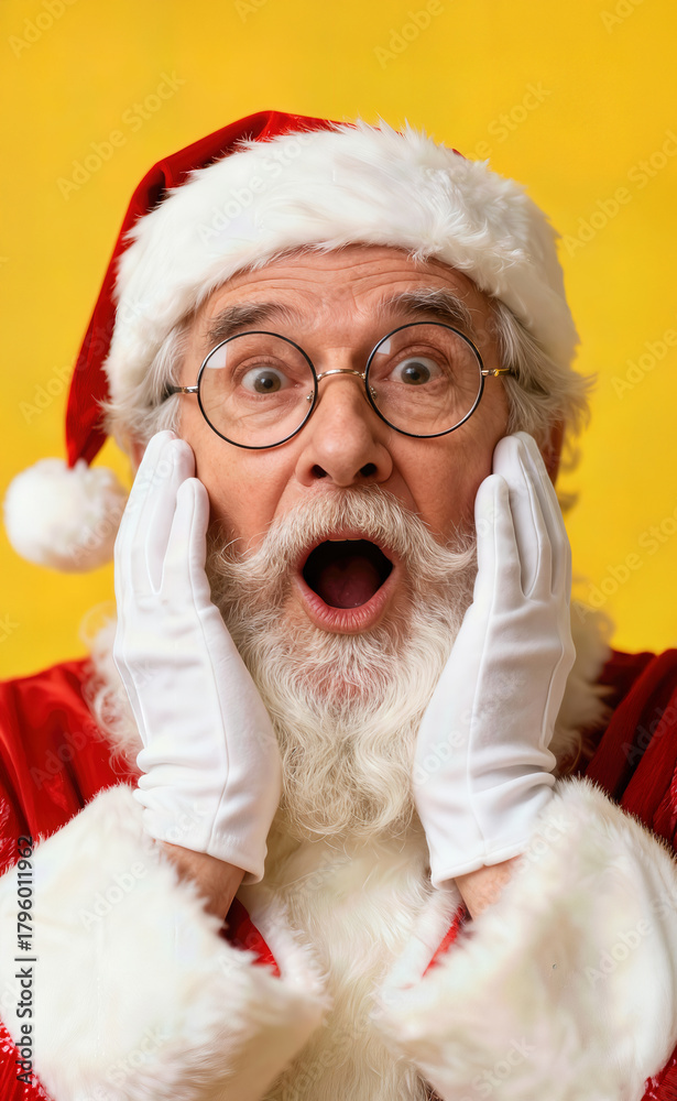 Obraz premium Santa Claus expressing surprise with a cheerful demeanor wearing traditional holiday attire and soft gloves against a bright yellow background