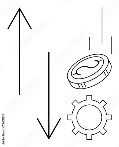 Coin falling beside arrows and gear symbolizing financial growth, decline, production, and industry shifts. Ideal for finance, economy, business, investment, productivity market trends simple flat